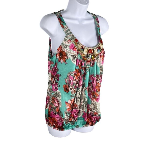 Cache Womens L Floral Sleeveless Cami Tank Chiffon Top Jewel Embellished Fairy - Picture 6 of 12